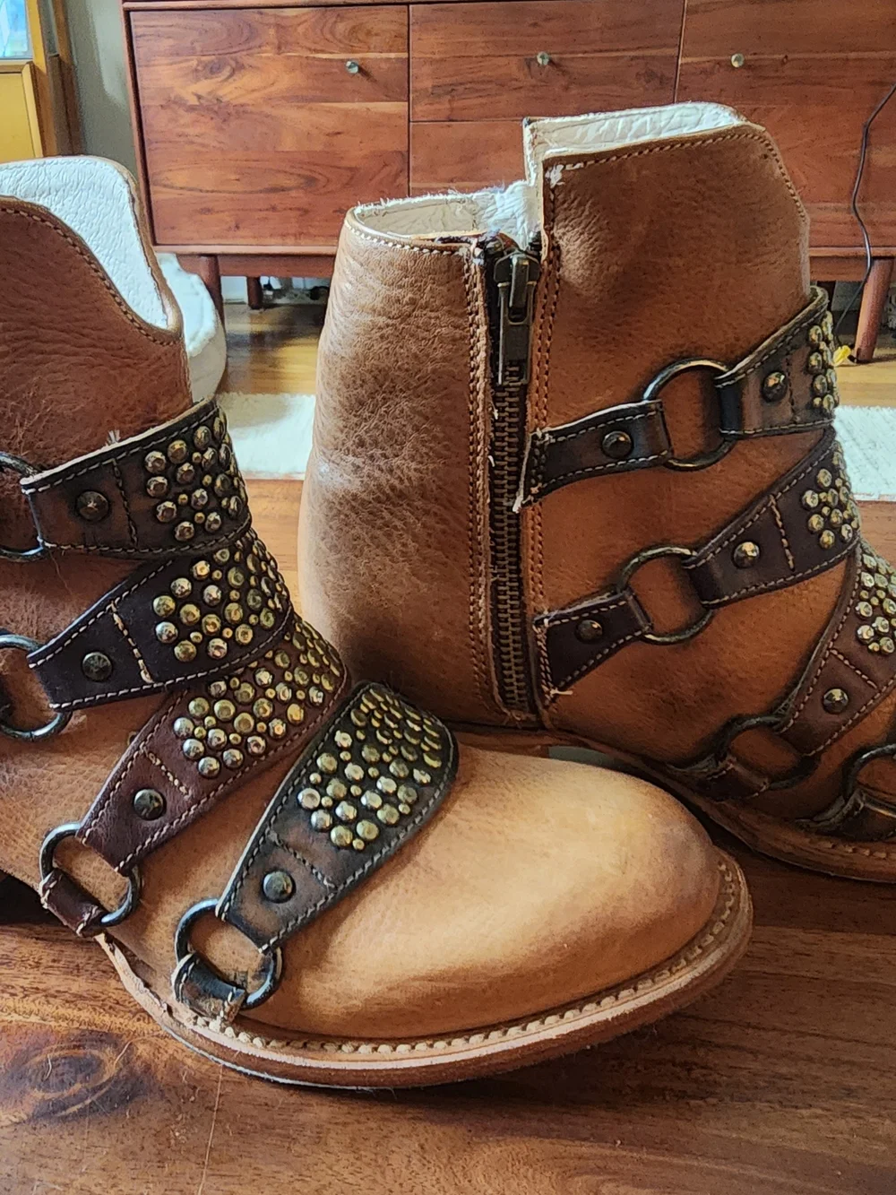 freebird Grady Tan Leather Studded Strap Ankle Boots